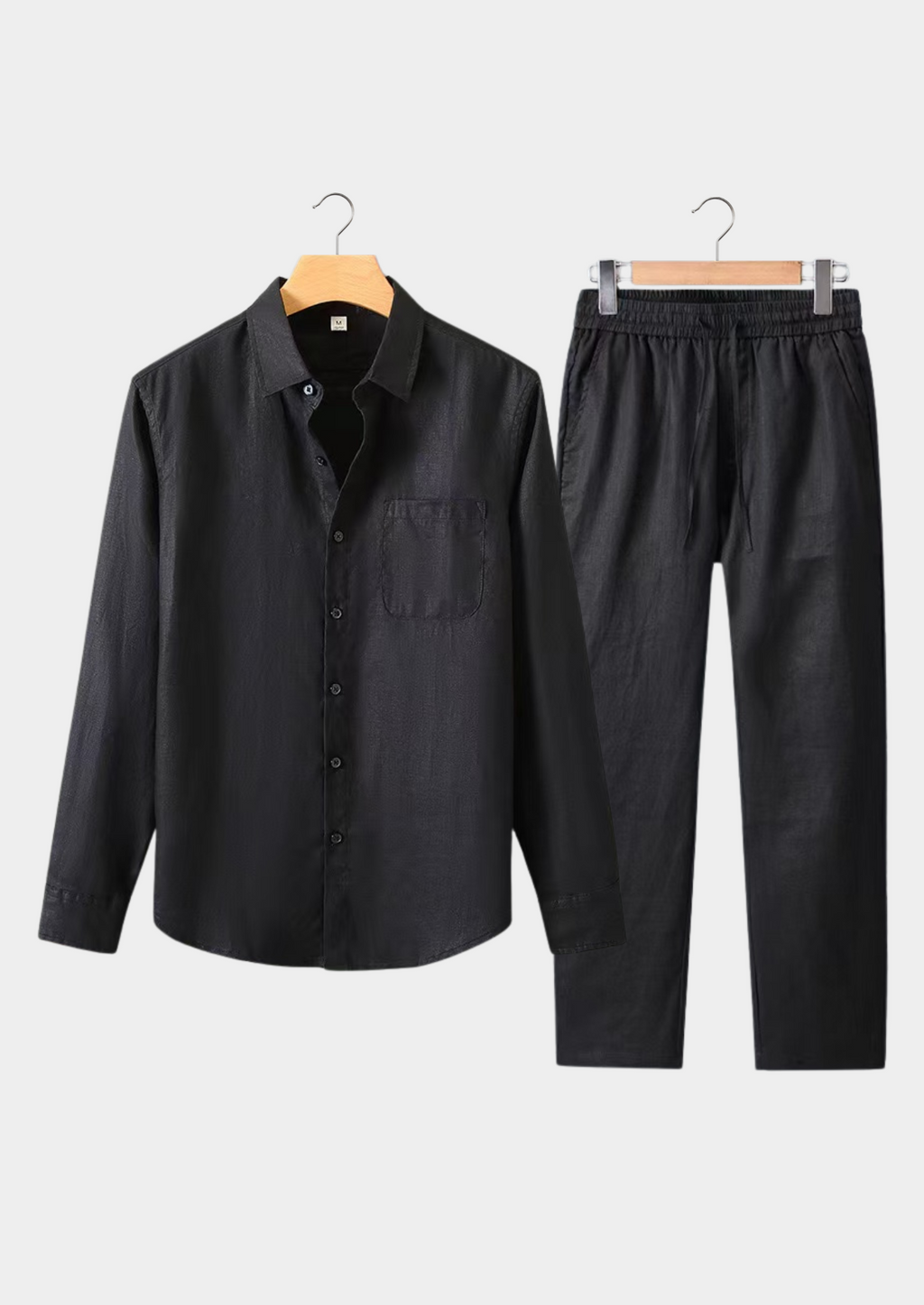 Men’s Two-Piece Set with Long Sleeve Shirt and Drawstring Trousers