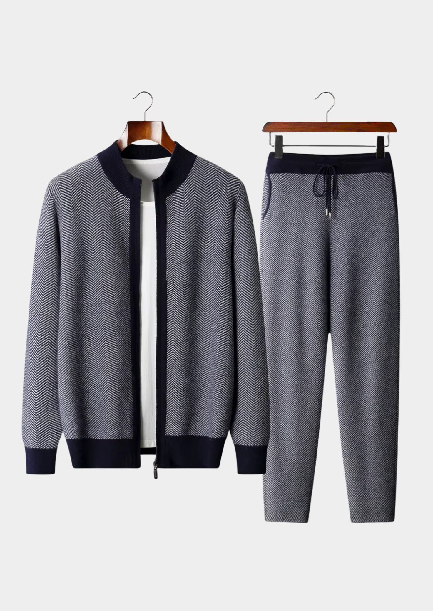 Men’s Two-Piece Set with Long Sleeve Top and Elastic Waist Trousers
