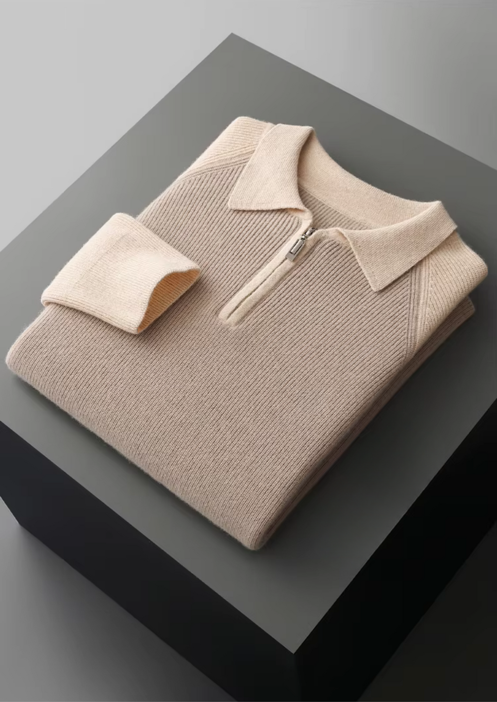 Men’s Two-Tone Knit Polo Sweater with Zip Collar