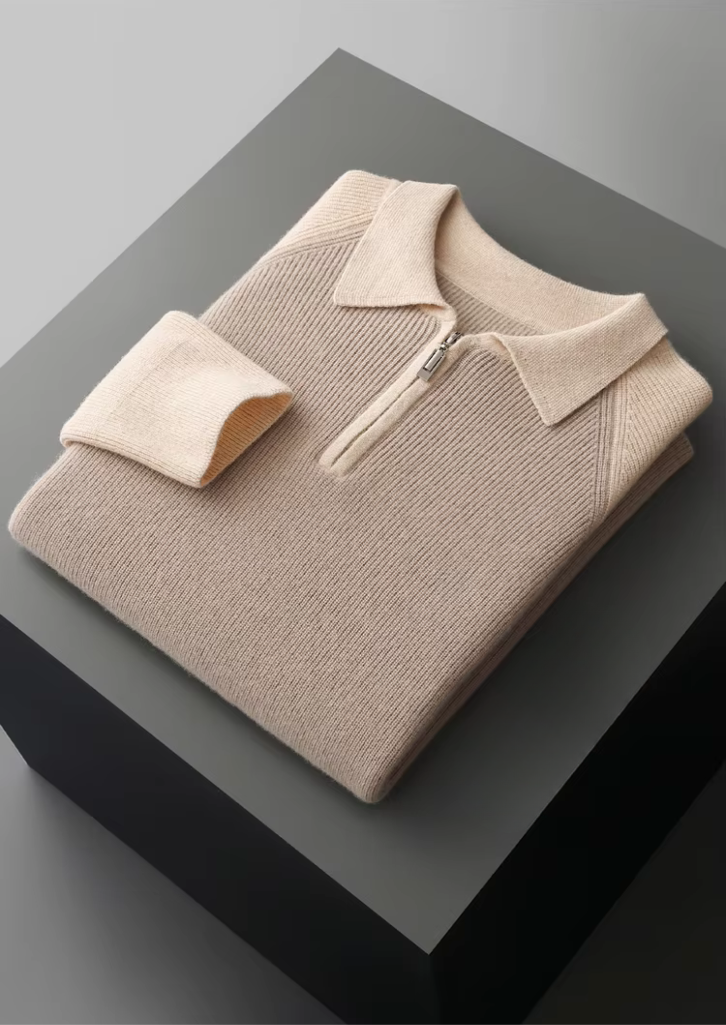 Men’s Two-Tone Knit Polo Sweater with Zip Collar